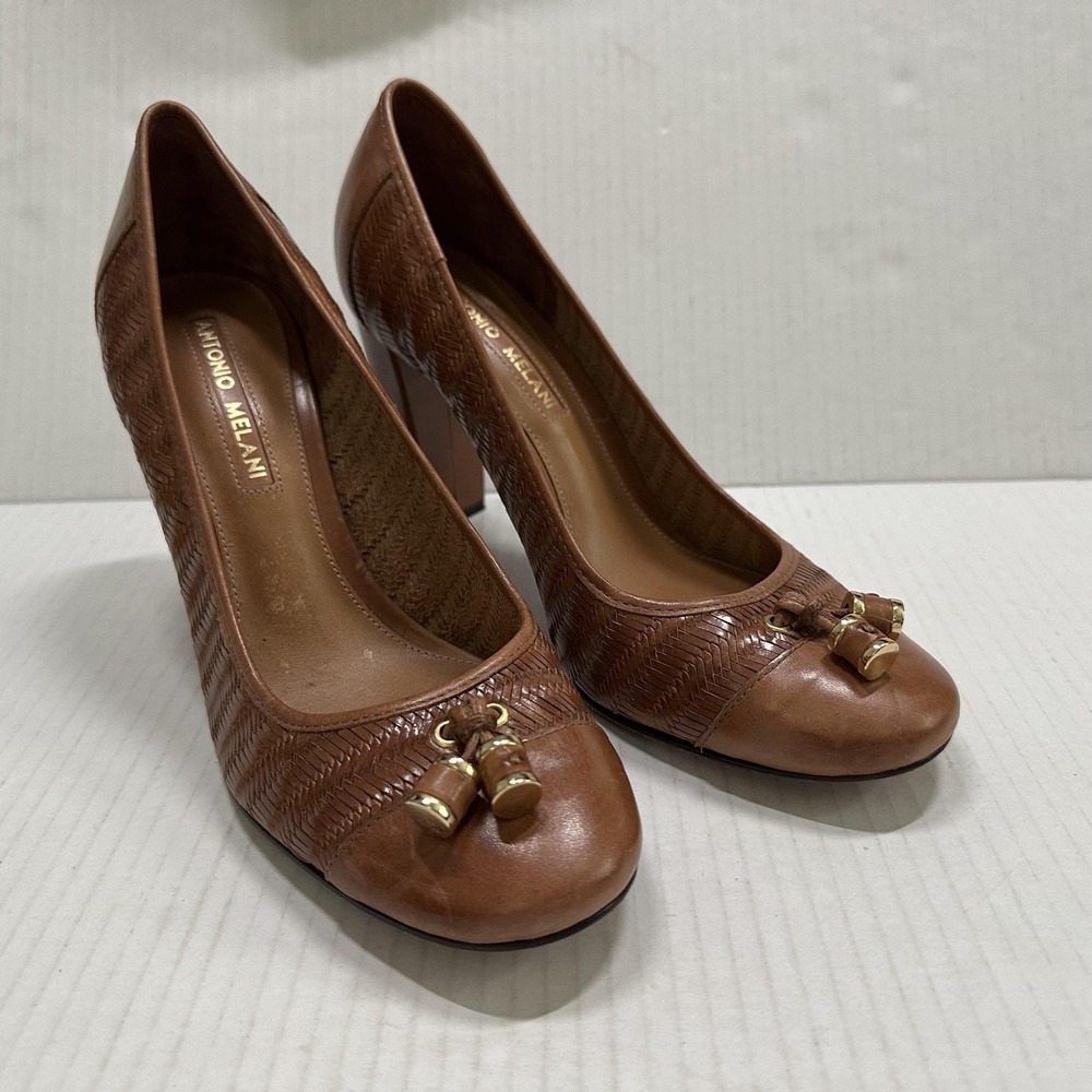 Antonio Melani Tassel Pump Shoes Womens 9 Brown Leather Block Heel Round Toe